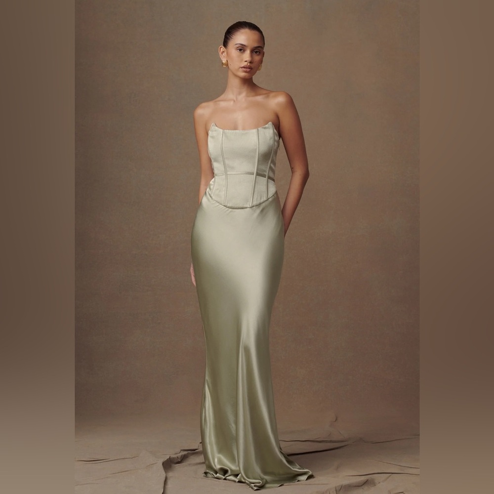 Meshki Sage Green Strapless Peplum Gown